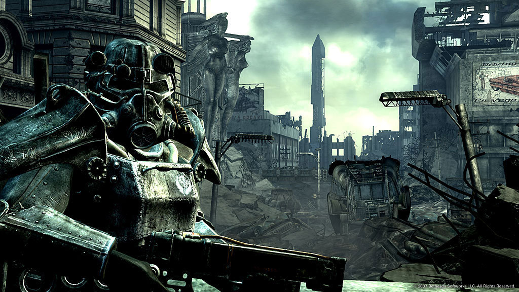 Character in Power Armor standing in front of a decimated city.