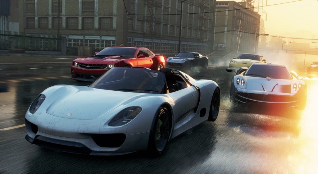 need for speed most wanted cars are arcade racing on wet road