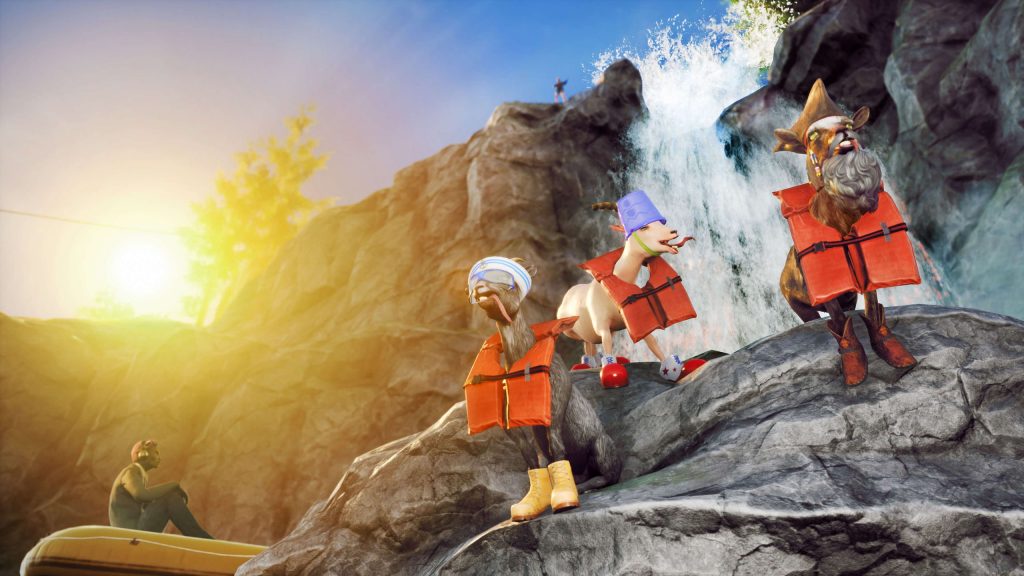 goats stood on a waterfall with life jackets.