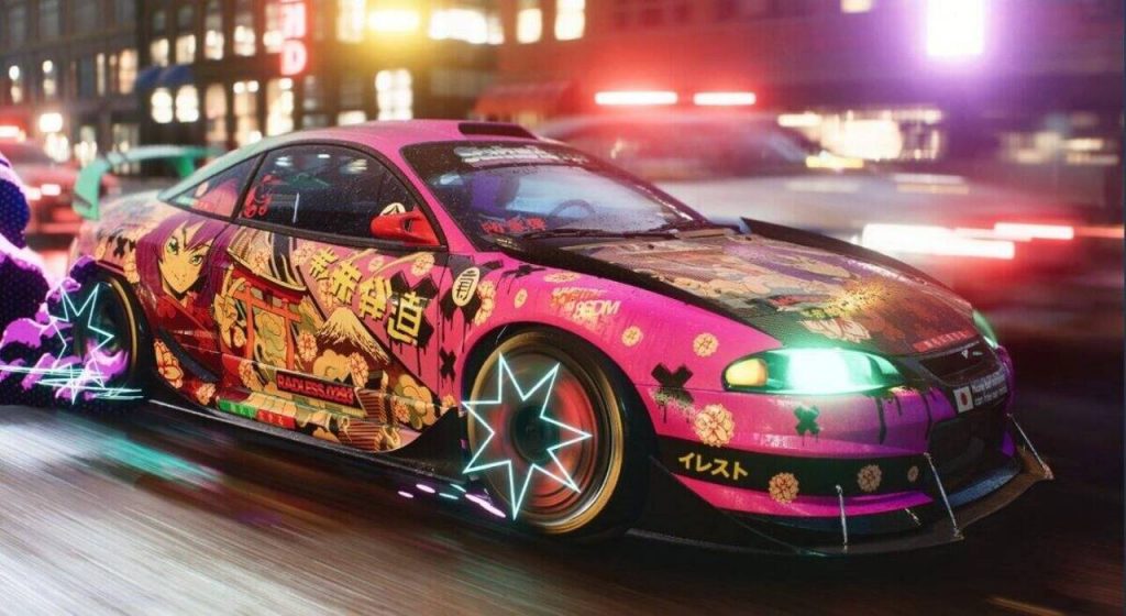 A car with an anime decal in need for speed unbound