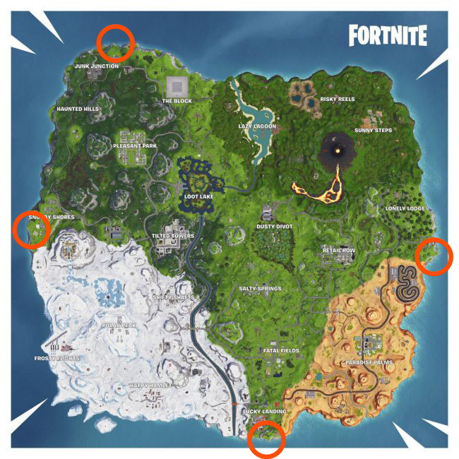 you need to visit the four furthest points of the map each point will have a sign that states whether you are at the northern most part southern most part - fortnite week 2 challenges locations