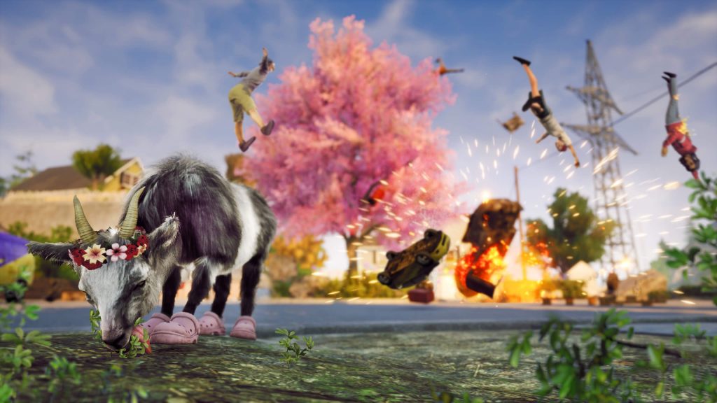 Goat simulator 3 goats eating with explosion in background.
