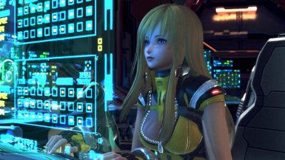 Elena working on a computer in Star Ocean: The Divine Force