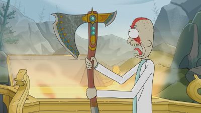 screenshot of Rick holding a God Of War axe