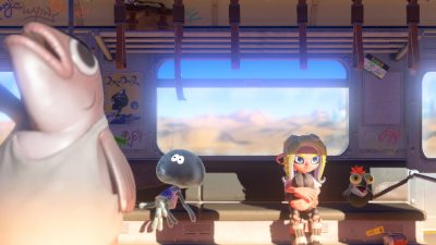 Octoling on train next to big fish