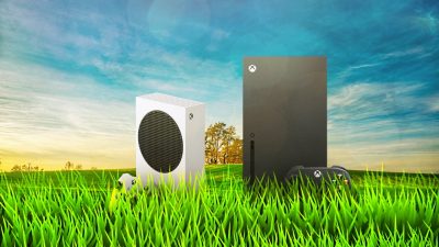 Xbox Series consoles in a green field