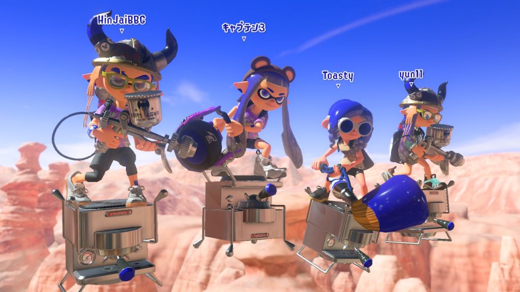 Blue team entering the arena with two shooters, a slosher, and a Brush in Splatoon 3.
