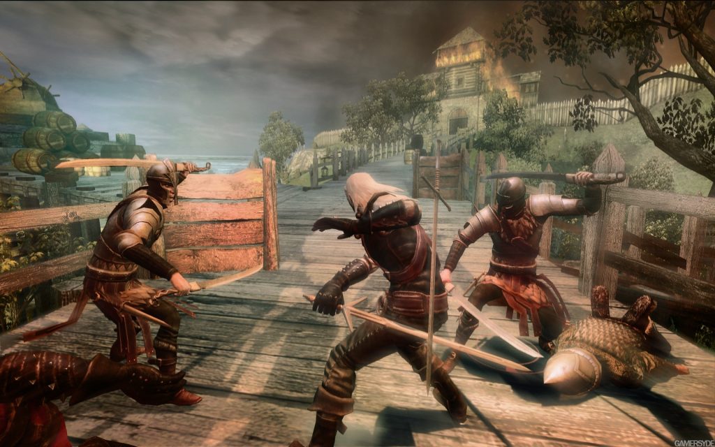 Geralt with his sword draw fighting two enemy soldiers.