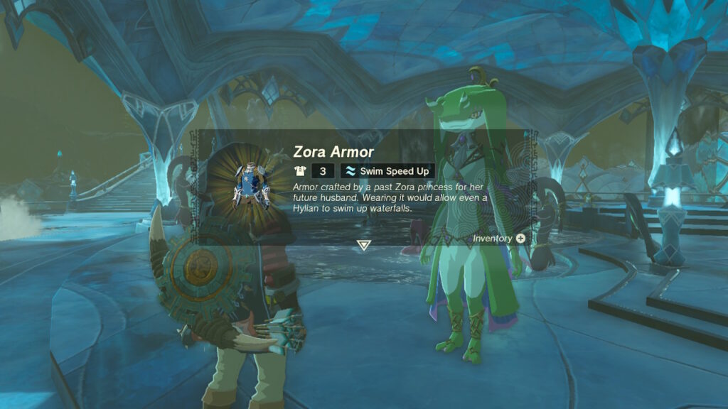 Link receiving Zora Armour in Legend of Zelda: Tears of the Kingdom