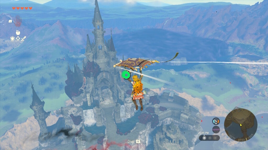 Link glides toward Hyrule Castle in Tears of the Kingdom