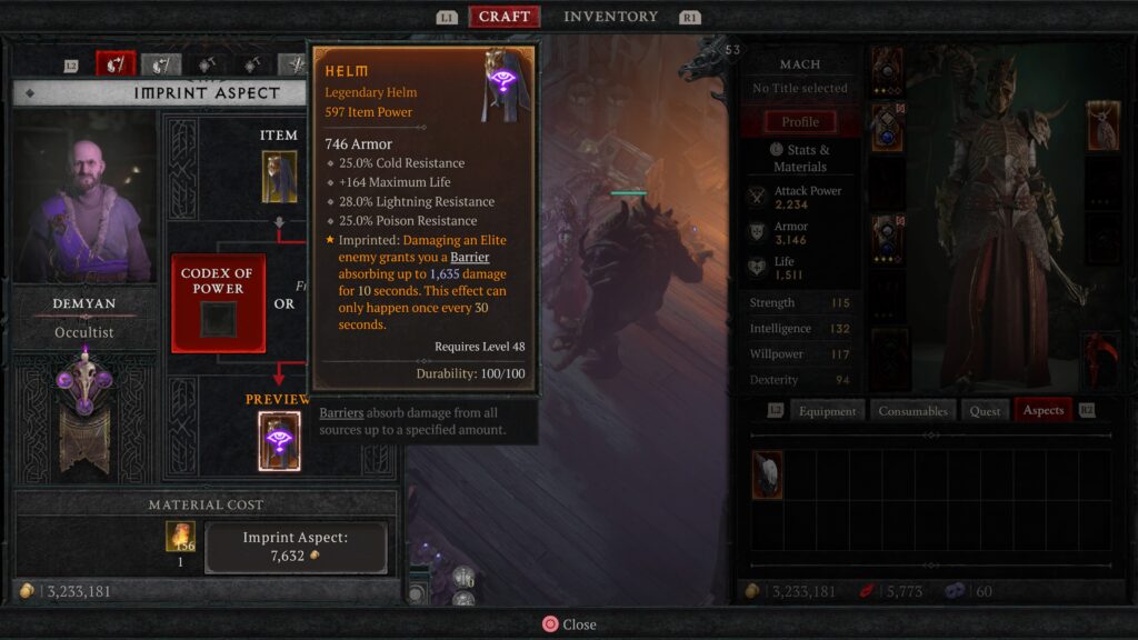 Creating Legendary armor with the Occultist in Diablo 4
