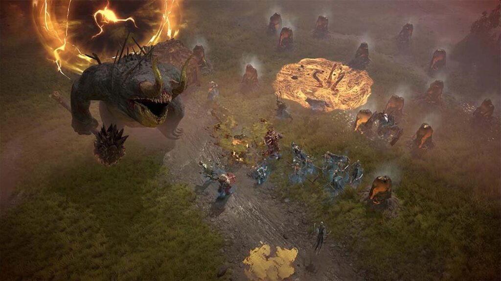 Heroes battle Avarice World Boss in Diablo 4.