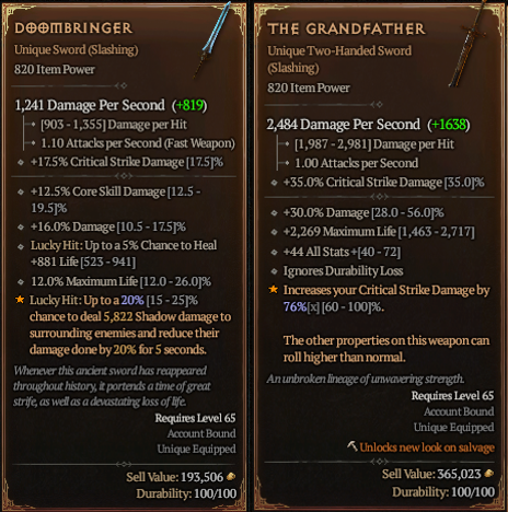 Doombringer and The Grandfather ultra rare Uniques in Diablo 4