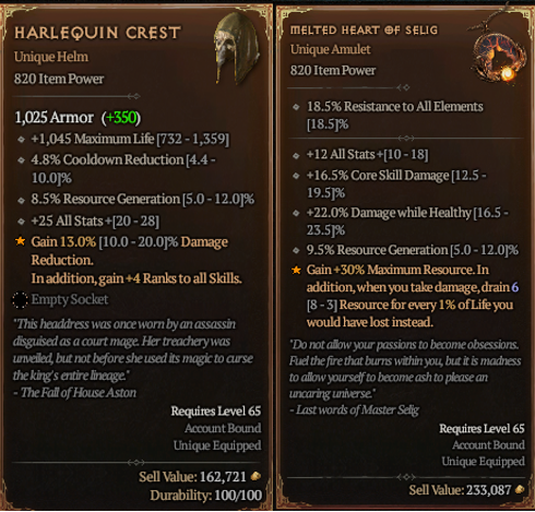 Harlequin Crest and Melted Heart of Selig ultra rare uniques in Diablo 4