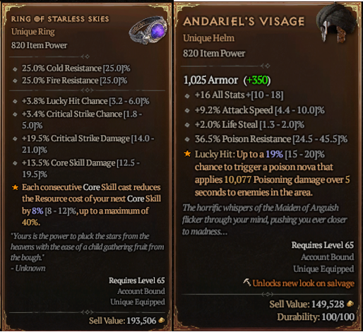 Ring of Starless Skies and Andariel's Visage ultra rare uniques in Diablo 4