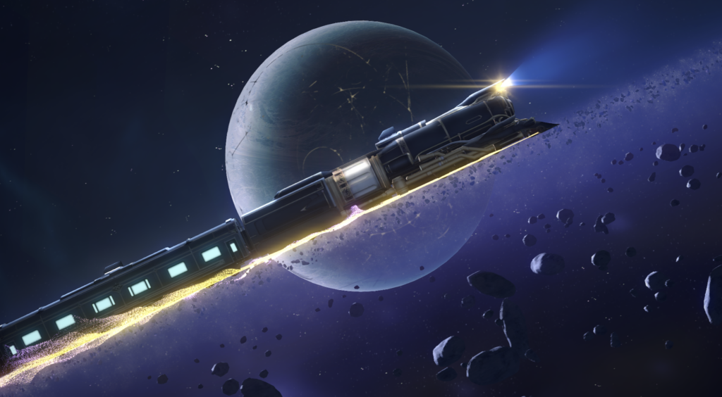The opening screen of Honkai: Star Rail; it features the Astral Express traveling through an asteroid field with a planet in the background.