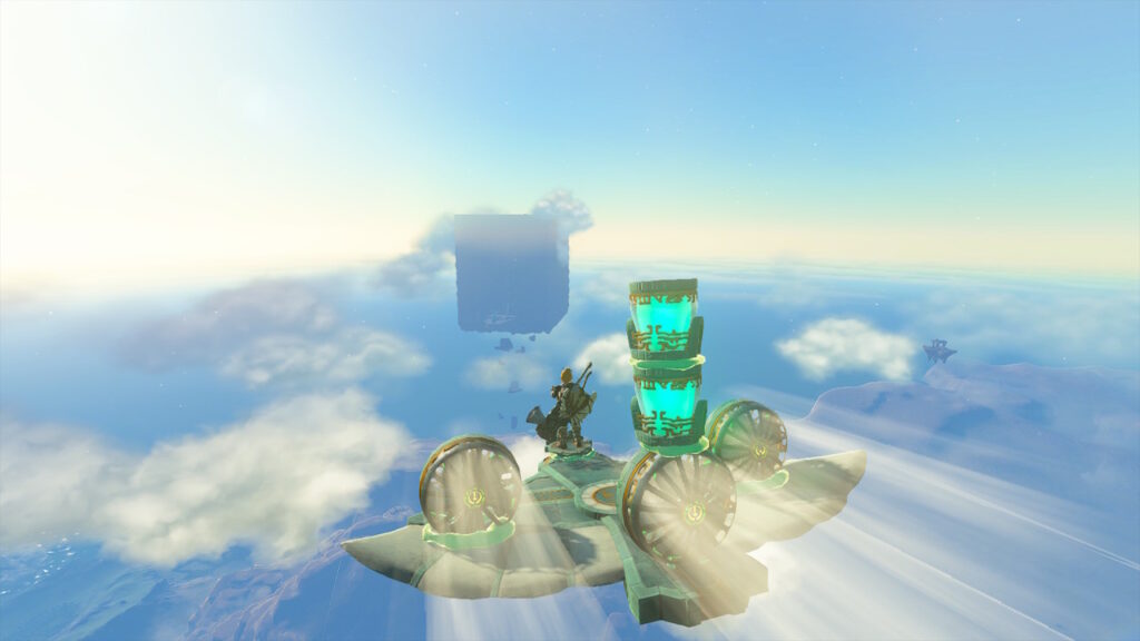 Link flying towards a sky labyrinth in Legend Of Zelda: Tears Of The Kingdom