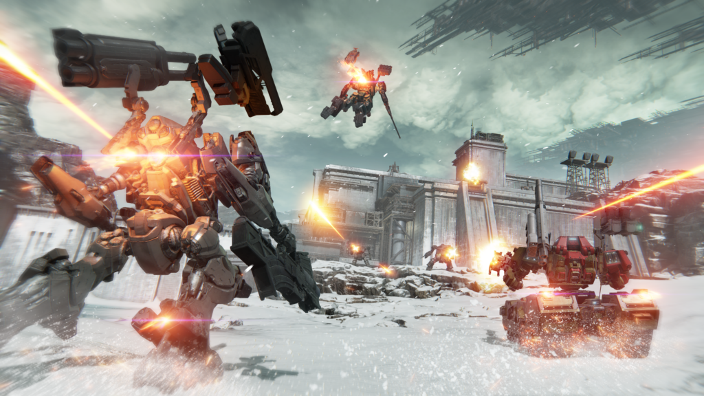 Screenshot from Armored Core 6 Fires of Rubicon from the mission: The Wall. It features your AC on a snowy terrain, launching an attack on a concrete fortress.