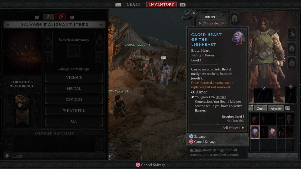 Malignant Hearts in inventory on Diablo 4