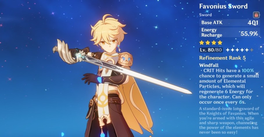 The Male Traveler - Aether - on the Genshin Impact character weapons menu screen. He's equipped with the Favonius Sword.