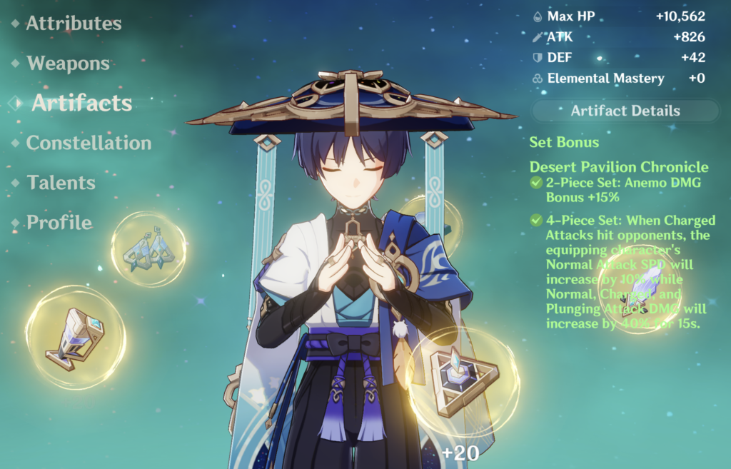 The Wanderer on the Genshin Impact Artifacts menu screen. He has 5 pieces of the Desert Pavilion Chronicle equipped.