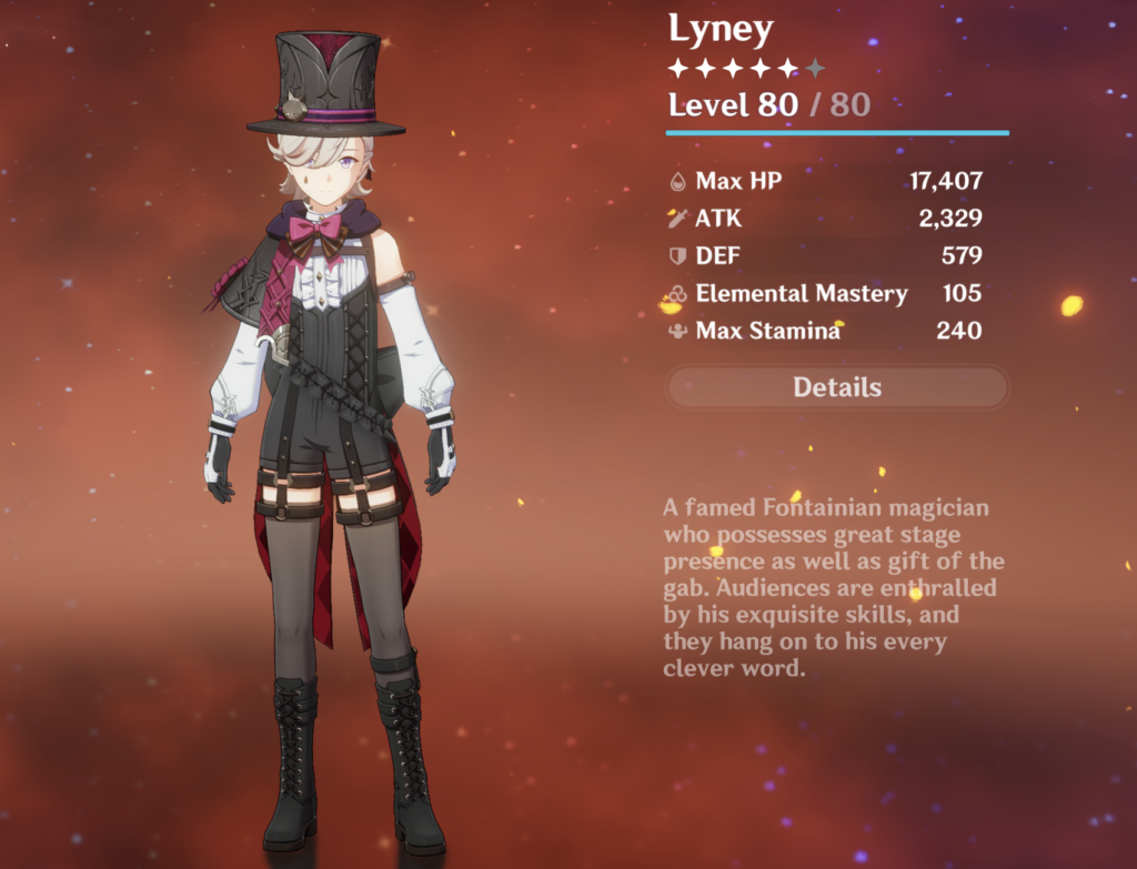Lyney as he appears on the Genshin Impact character menu.