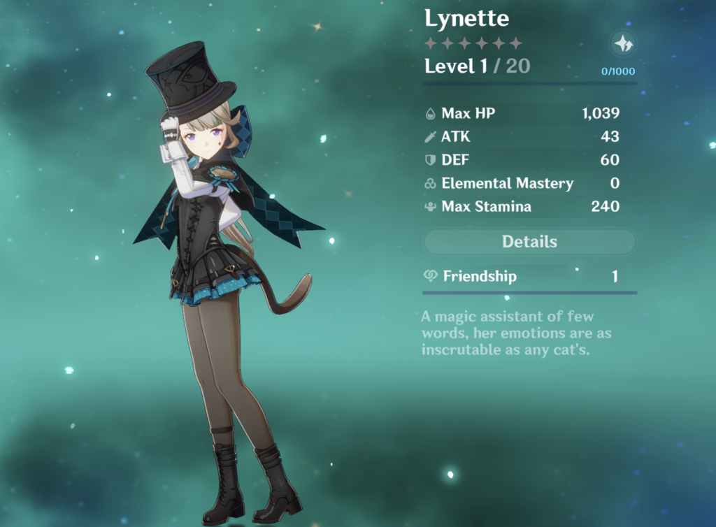 Lynette as she appears on the Genshin Impact character menu. She's wearing a top hat.
