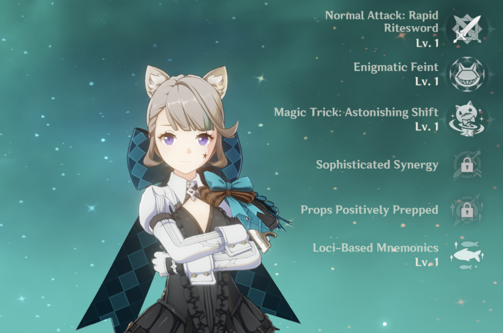 Lynette's Talents as seen on the Genshin Impact character menu. She poses with her arms crossed.