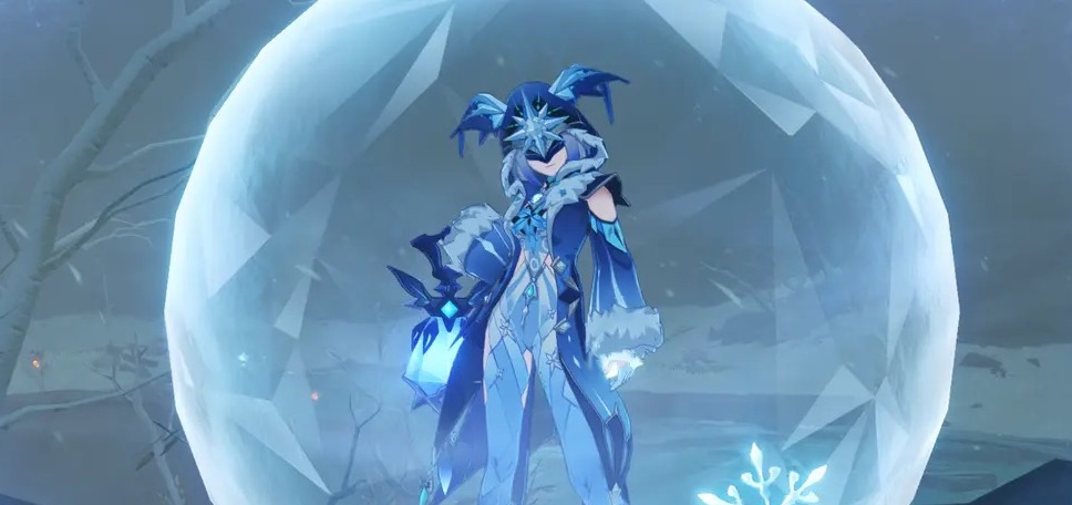 A Fatui Cryo Cicin Mage from Genshin Impact. The shield is active.