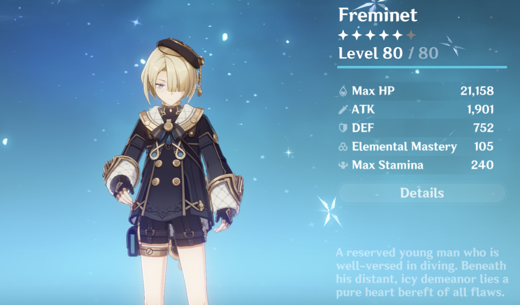 Freminet as he appears on the Genshin Impact character menu.