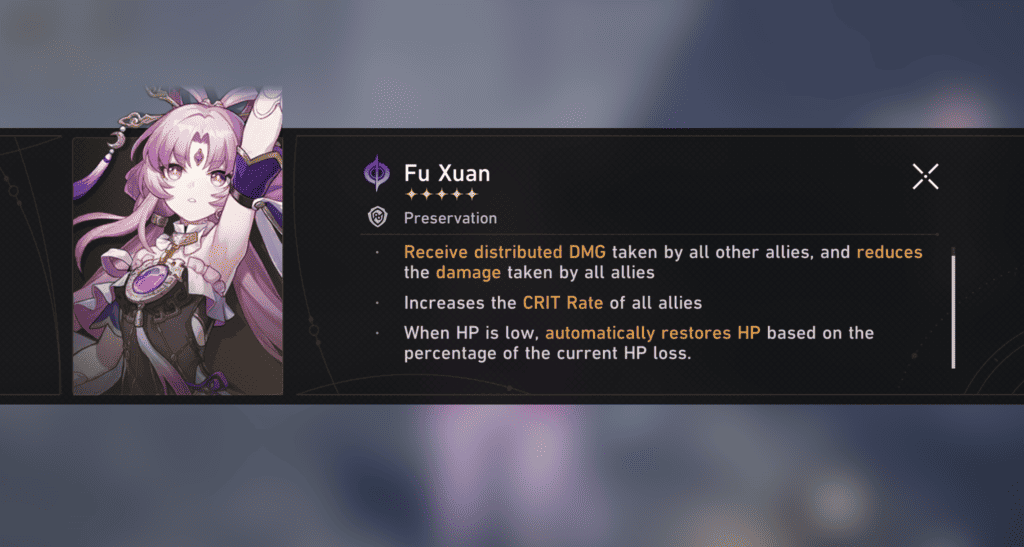 A brief description of Fu Xuan's abilities and buffs. She distributes and reduces damage, buffs allies, and automatically restores HP.