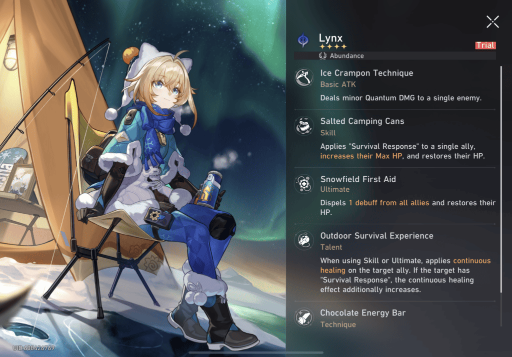 Lynx's Trial summary. Her splash art is on the left and a summary of her Traces is on the right.