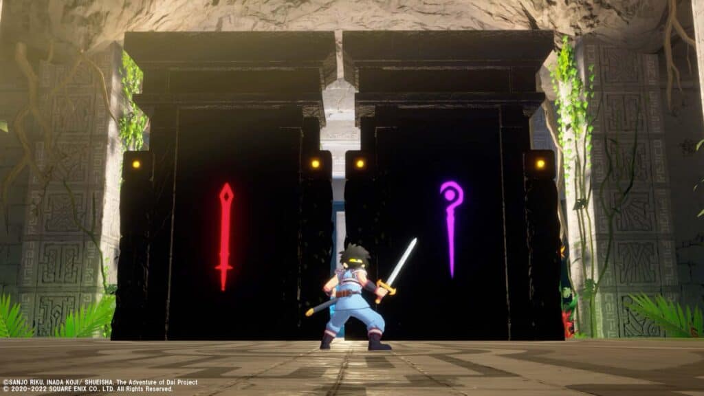 Dai in front of two doors. The one on the left bears a red symbol and the one on the right bears a purple symbol. The red door will increase physical attacks while the purple door will increase magic attacks.