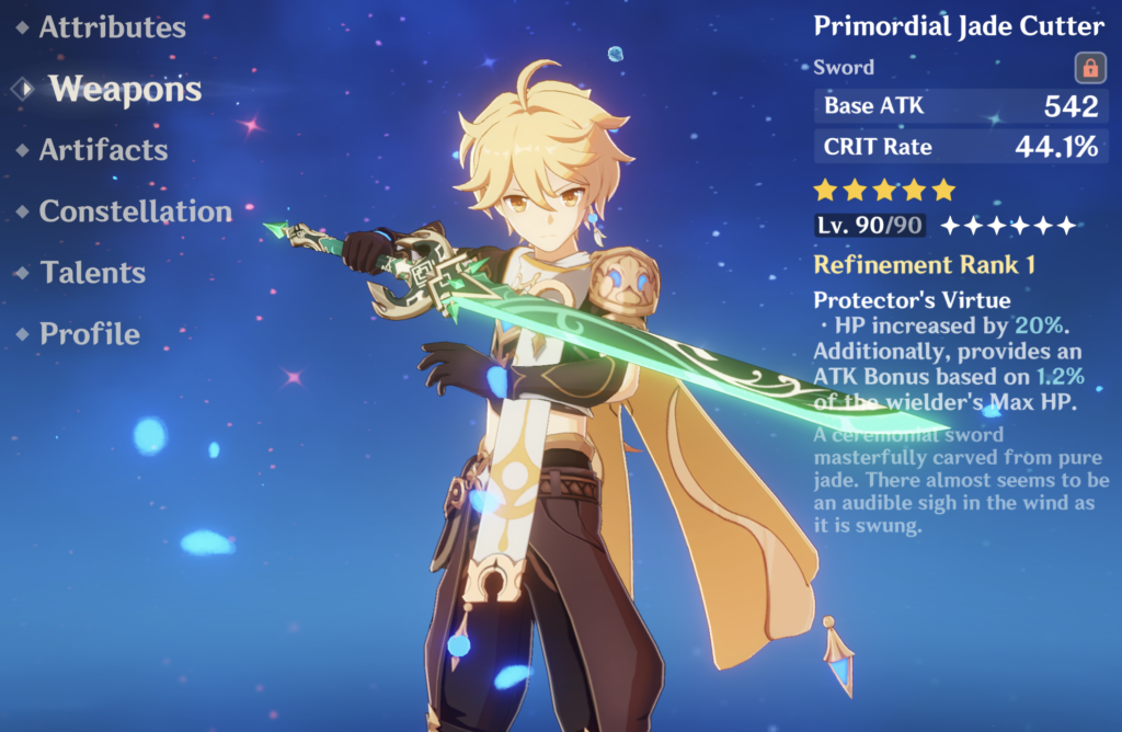 Aether on the Weapons screen of the Genshin Impact character menu. He has the Primordial Jade Cutter.