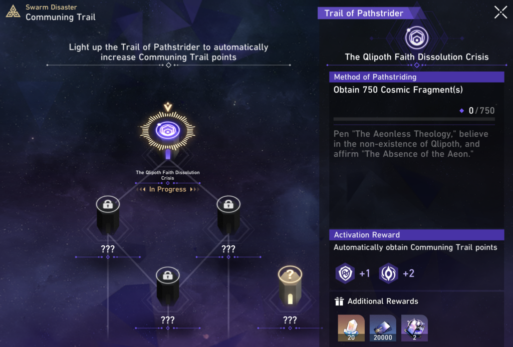 The first portion of the Communing Trail tree. It shows the mission The Qlipoth Faith Dissolution Crisis.