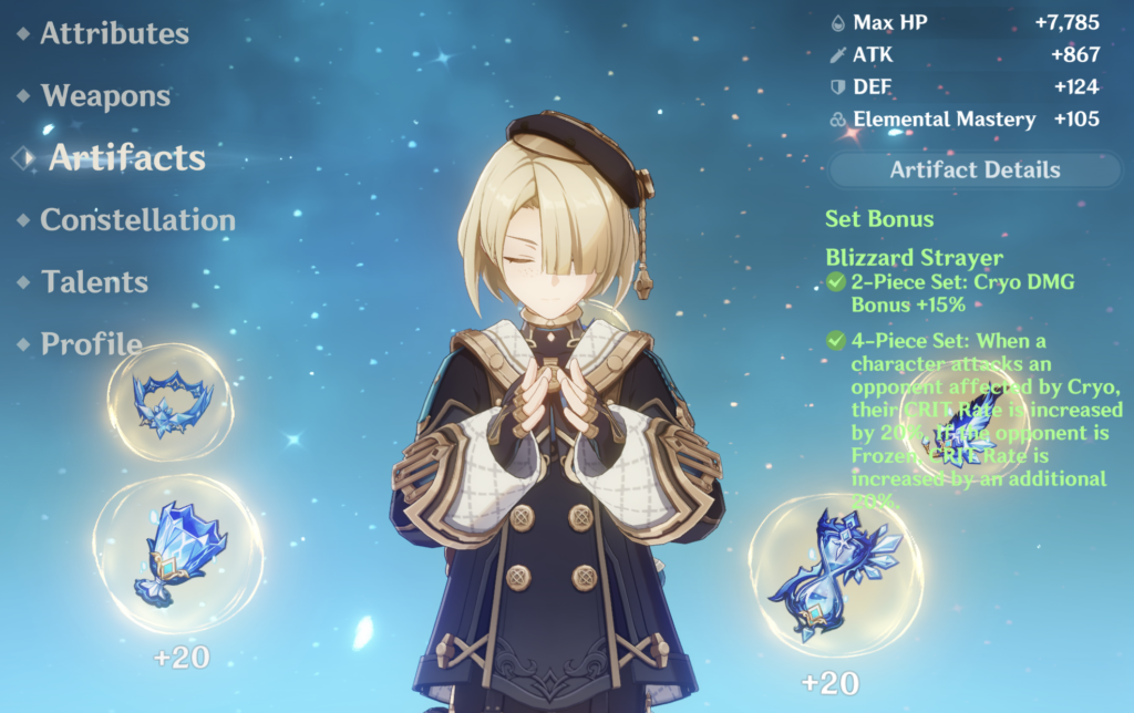 Freminet as he appears on the Genshin Impact character menu. This is the Artifacts screen. Freminet is equipped with the 4-Piece Blizzard Strayer set.