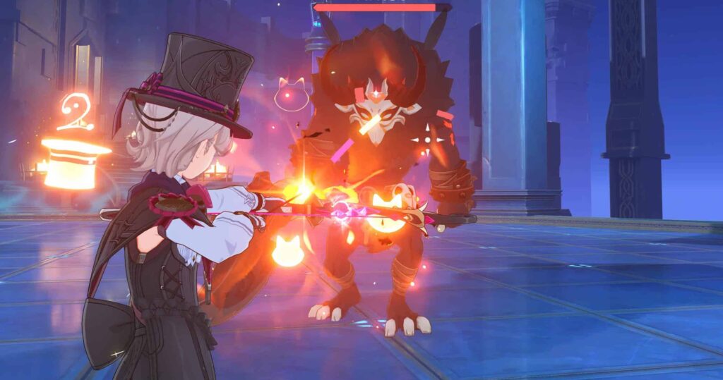 Lyney in combat with a Blazing Axe Mitachurl. Lyney prepares to release his Charged Attack.