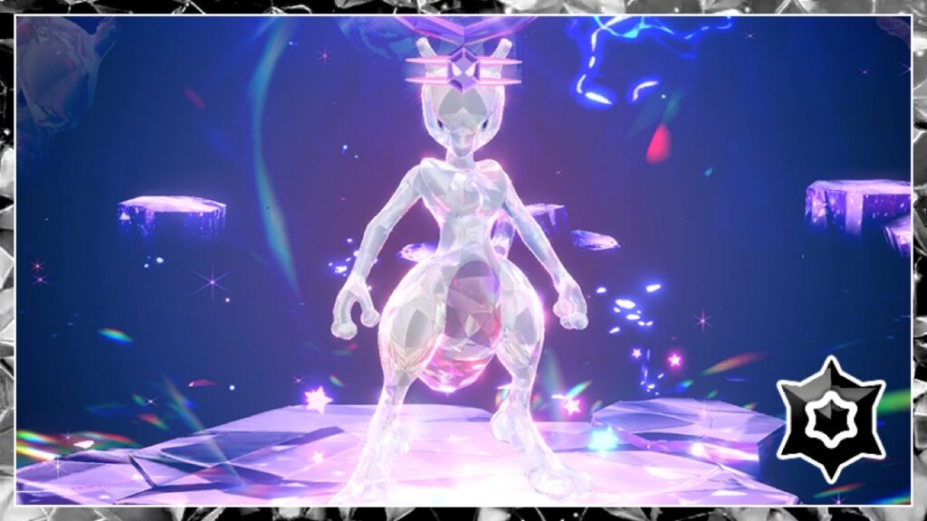 Psychic Tera Type Mewtwo surrounded by a black crystal border.