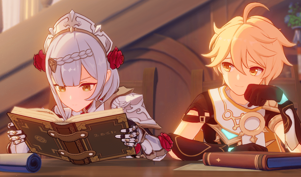 Noelle and Aether in the Knights of Favonius library. This is one of the endings for Noelle's hangout.