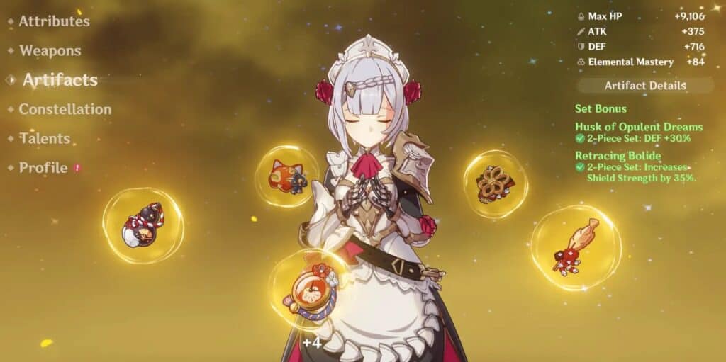 Noelle with Artifacts equipped. She has the 2-Piece Set of Husk of Opulent Dreams and the 2-Piece Set of Retracing Bolide.