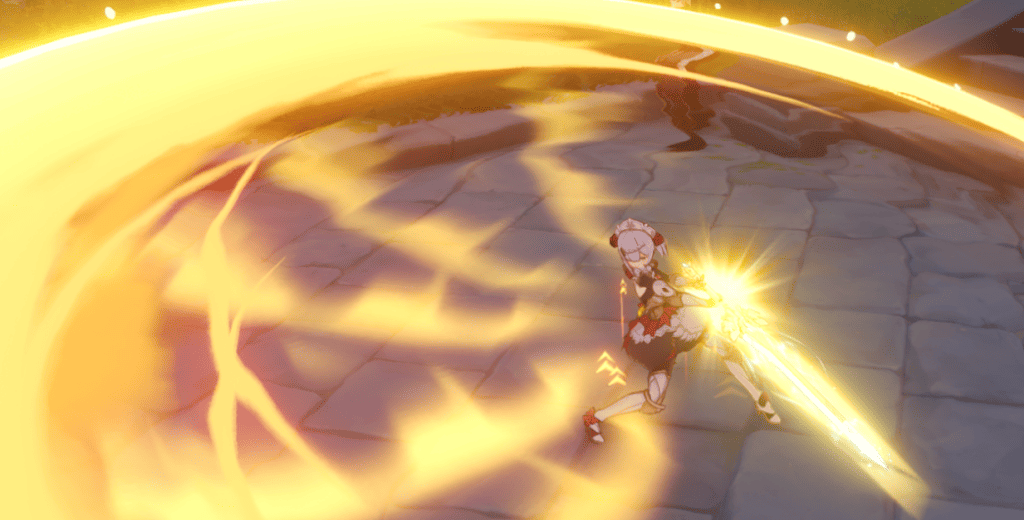 Noelle performing her Elemental Burst, Sweeping Time. This infuses her Normal Attack with Geo, converting her attacks to Geo DMG.