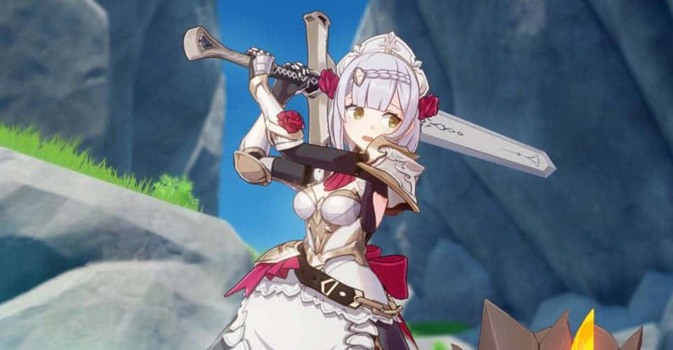 Noelle in combat. She wields the Favonius Greatsword.