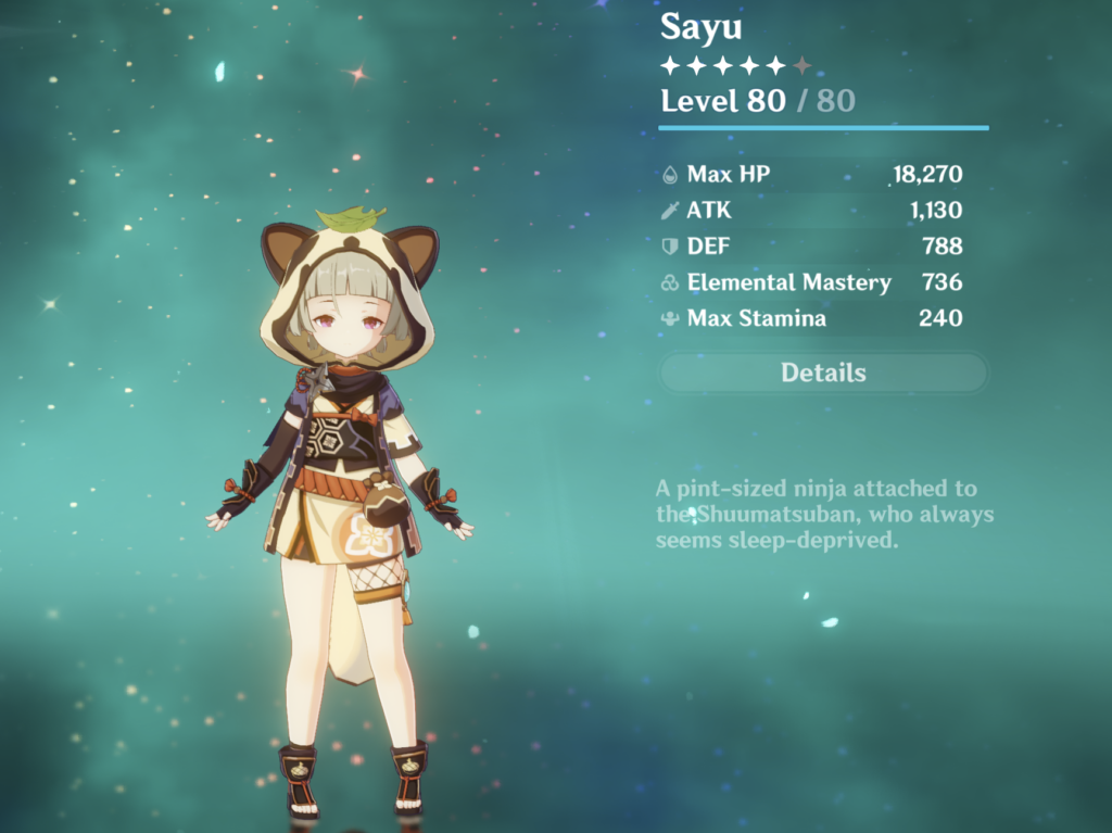 Sayu as she appears on the Genshin Impact character menu.