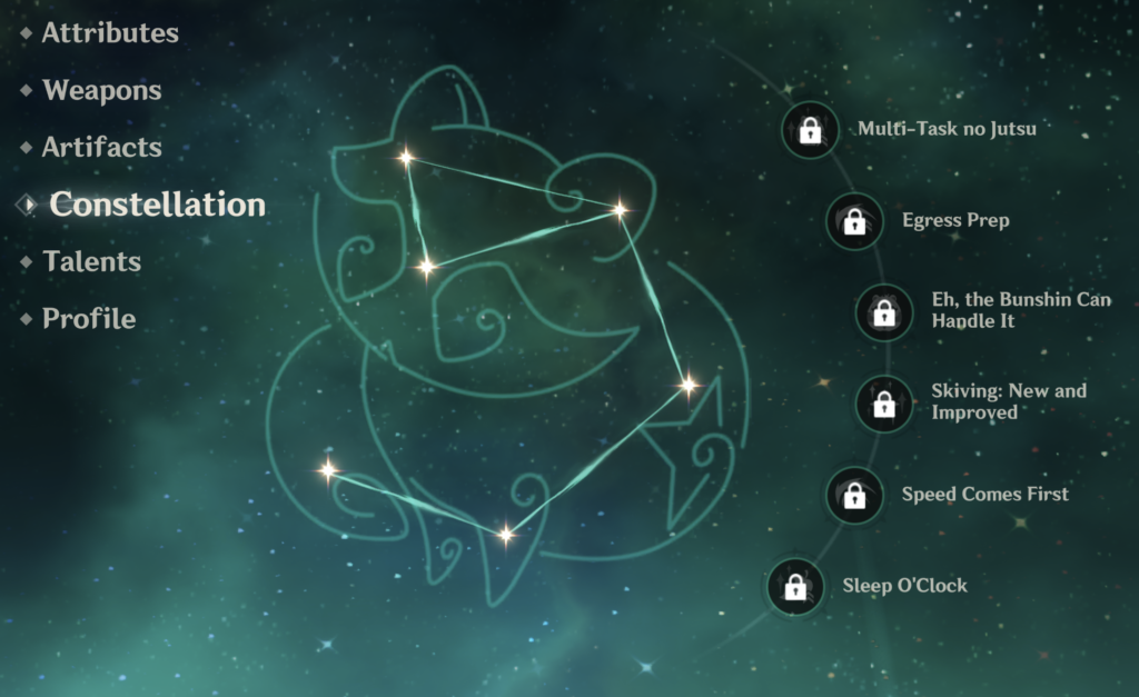 Sayu's Constellation, Nyctereutes Minor, as it appears in the Genshin Impact character menu. It resembles a tanuki.