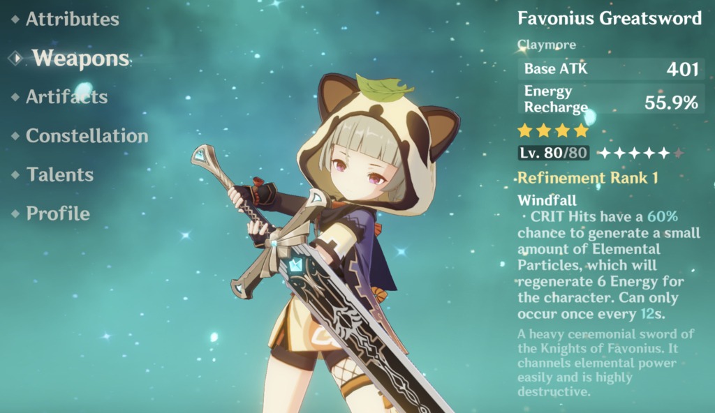 Sayu as she appears on the Weapons screen. She wields the Favonius Greatsword.
