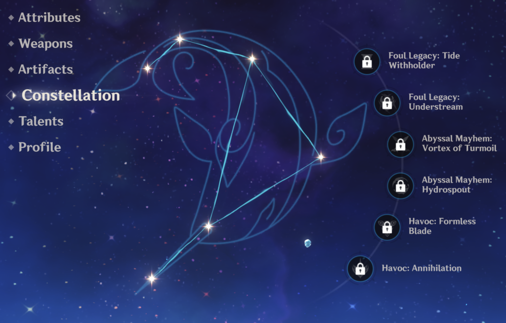 Tartaglia's Constellation, Monoceros Caeli, as it appears on the Genshin Impact character menu.