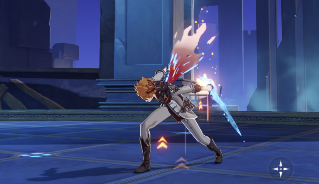 Tartaglia in Melee Stance, finishing his Normal Attack.