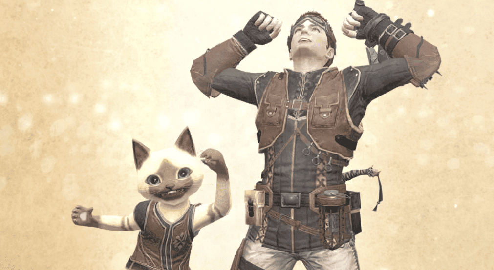 A male hunter and Palico cheering together - it's cute!