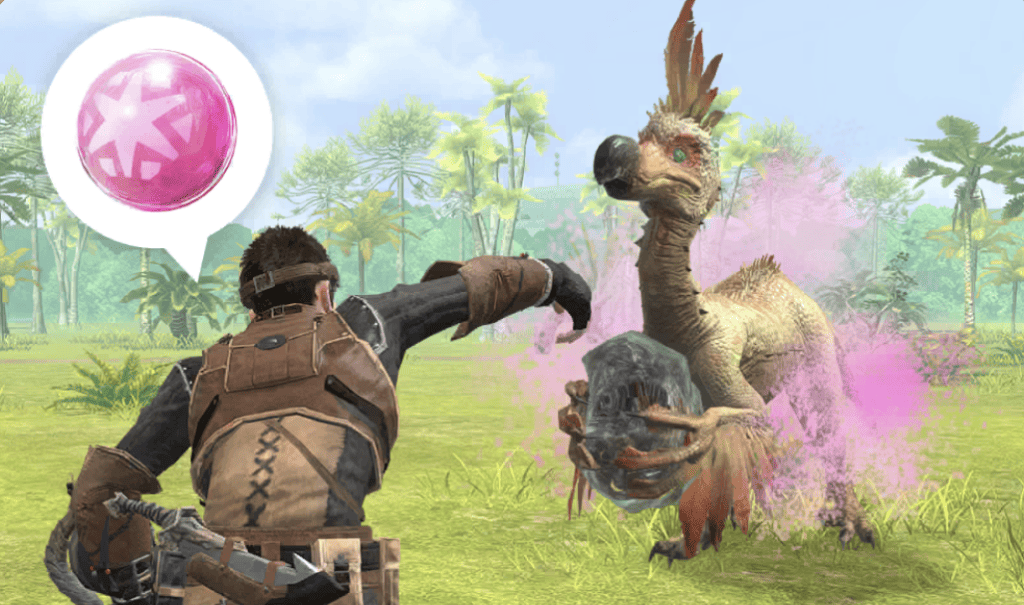 A Hunter marks a Large Monster with a pink Paintball.