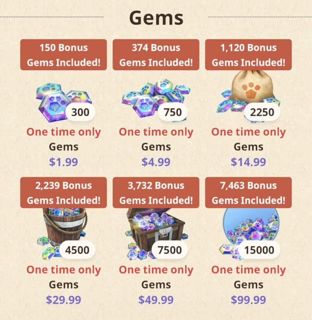 All of the Gem bundles available in the Monster Hunter Now shop.